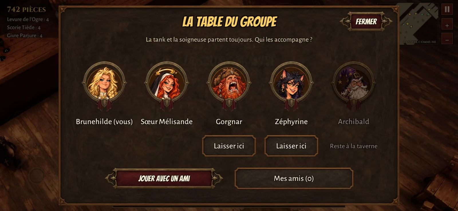 La table du groupe dans la taverne : choisir ses héros ou jouer avec un ami